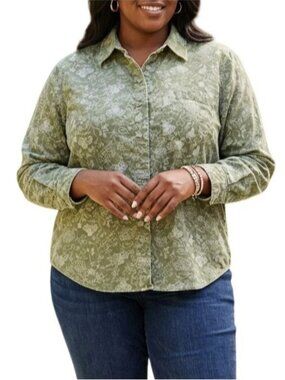 C.J. Banks Plus Size 1X Top Green Floral Corduroy Button-Up Long Sleeve Collared